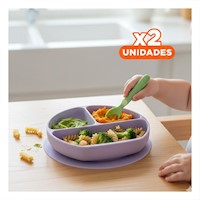 Pack2 Vajilla de 3 Secciones Lila de Silicona de gran Clase de Verduras Y+Regalo Sticker